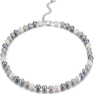 15-8mm Grey Blue Beaded Strand Pearl Choker Necklace